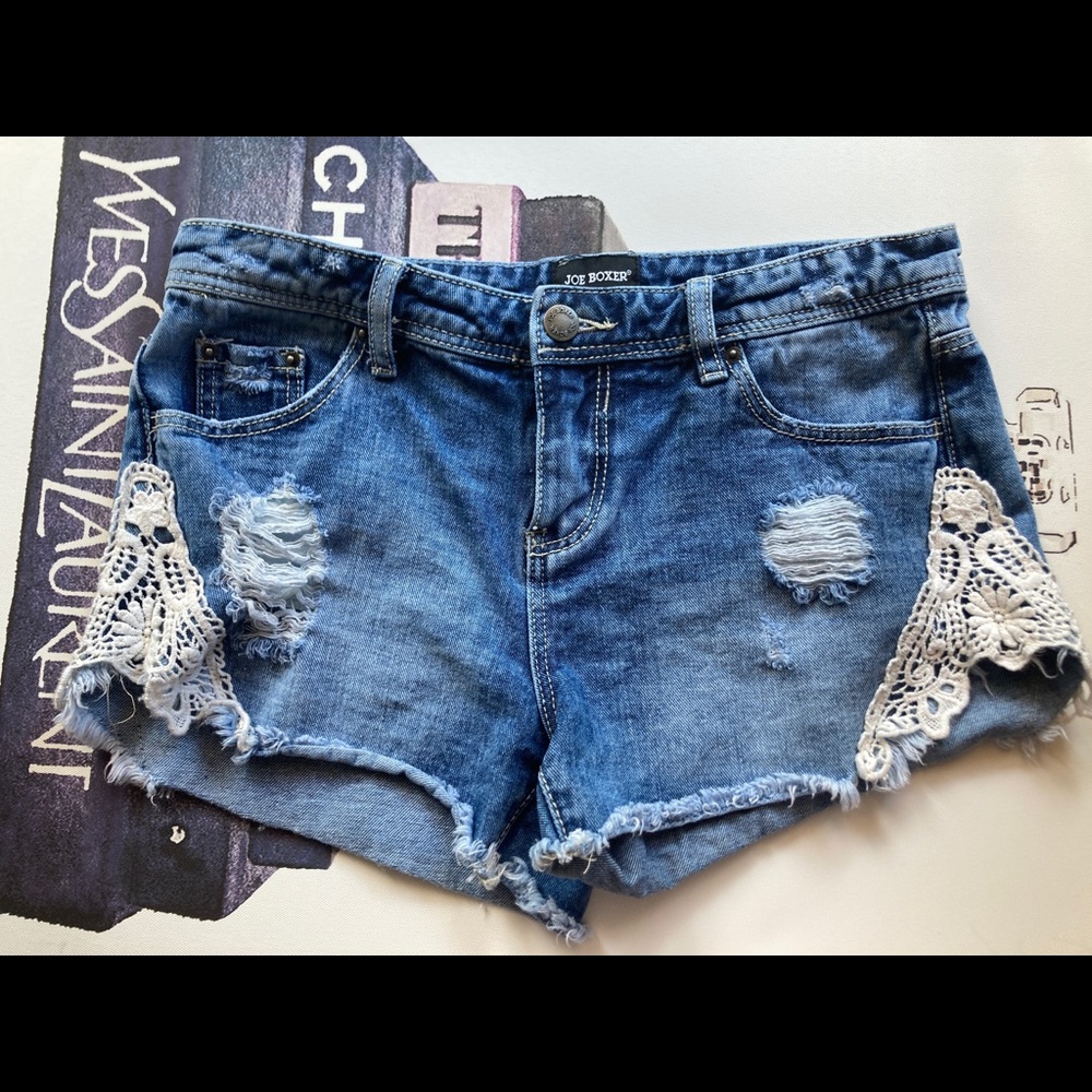 Joe Boxer Distressed Denim Shorts Lace Boho